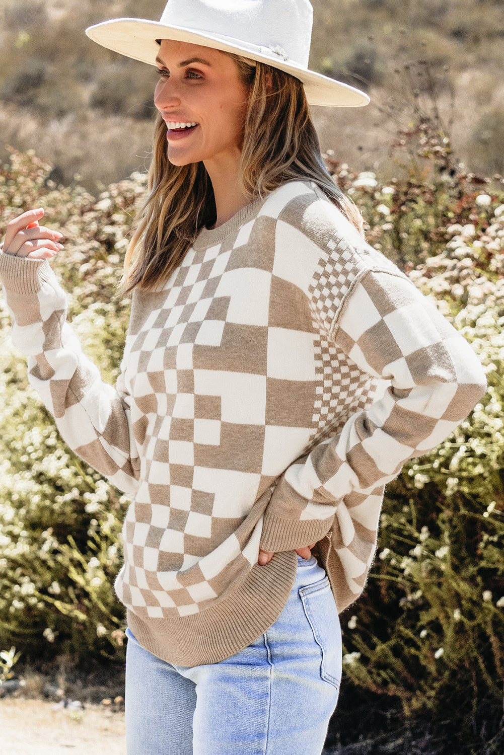 Gray Checkered Print Drop Shoulder Sweater