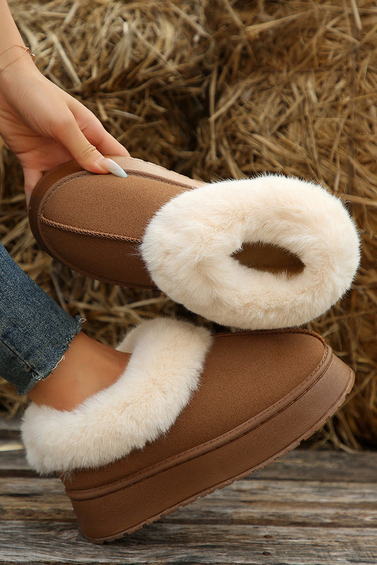 Chestnut Plush Suede Trim Thick Sole Flat Boots