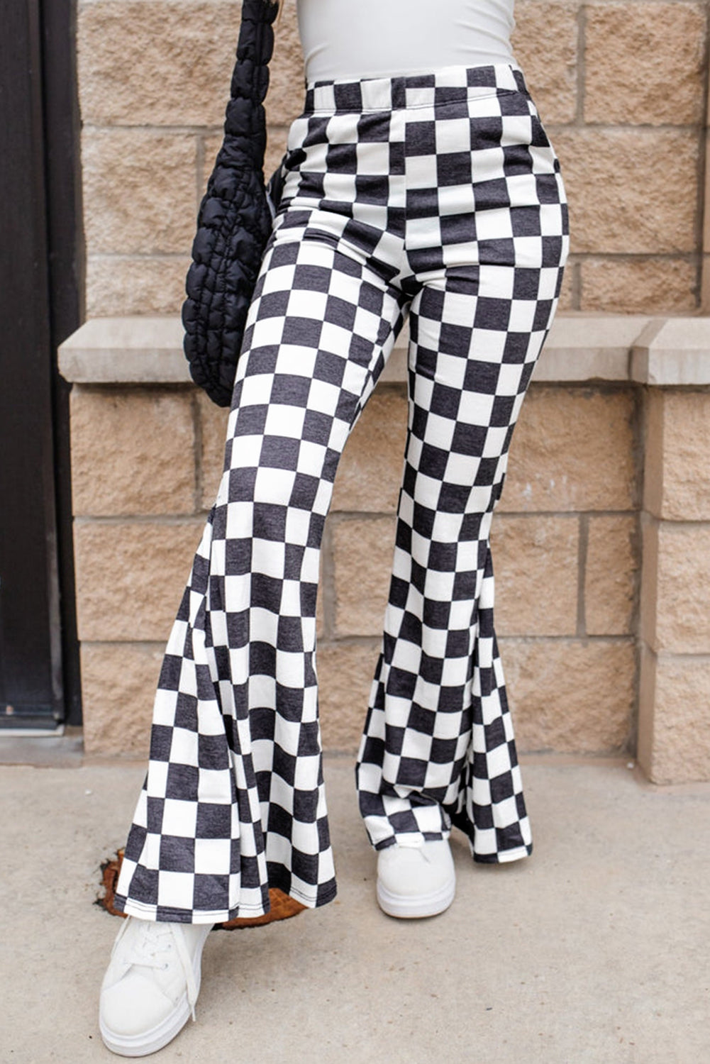 Black Checkerboard High Rise Casual Flared Pants