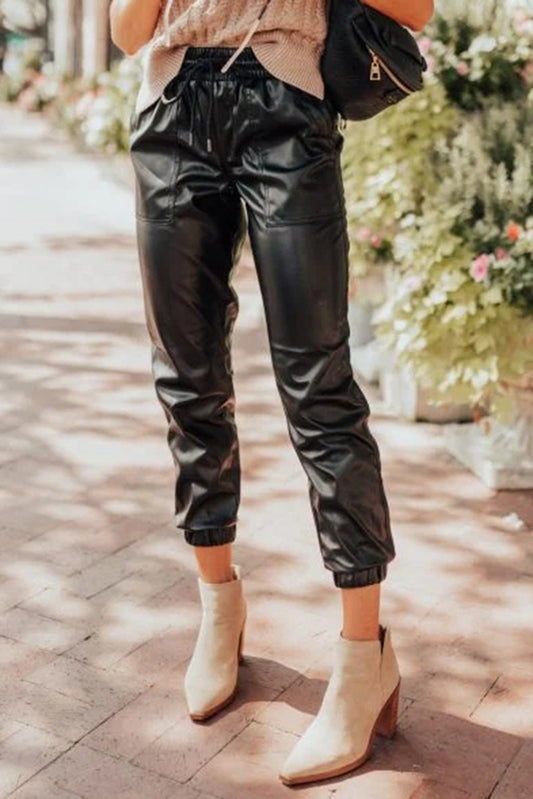 Black Faux Leather Ankle Smocked Joggers