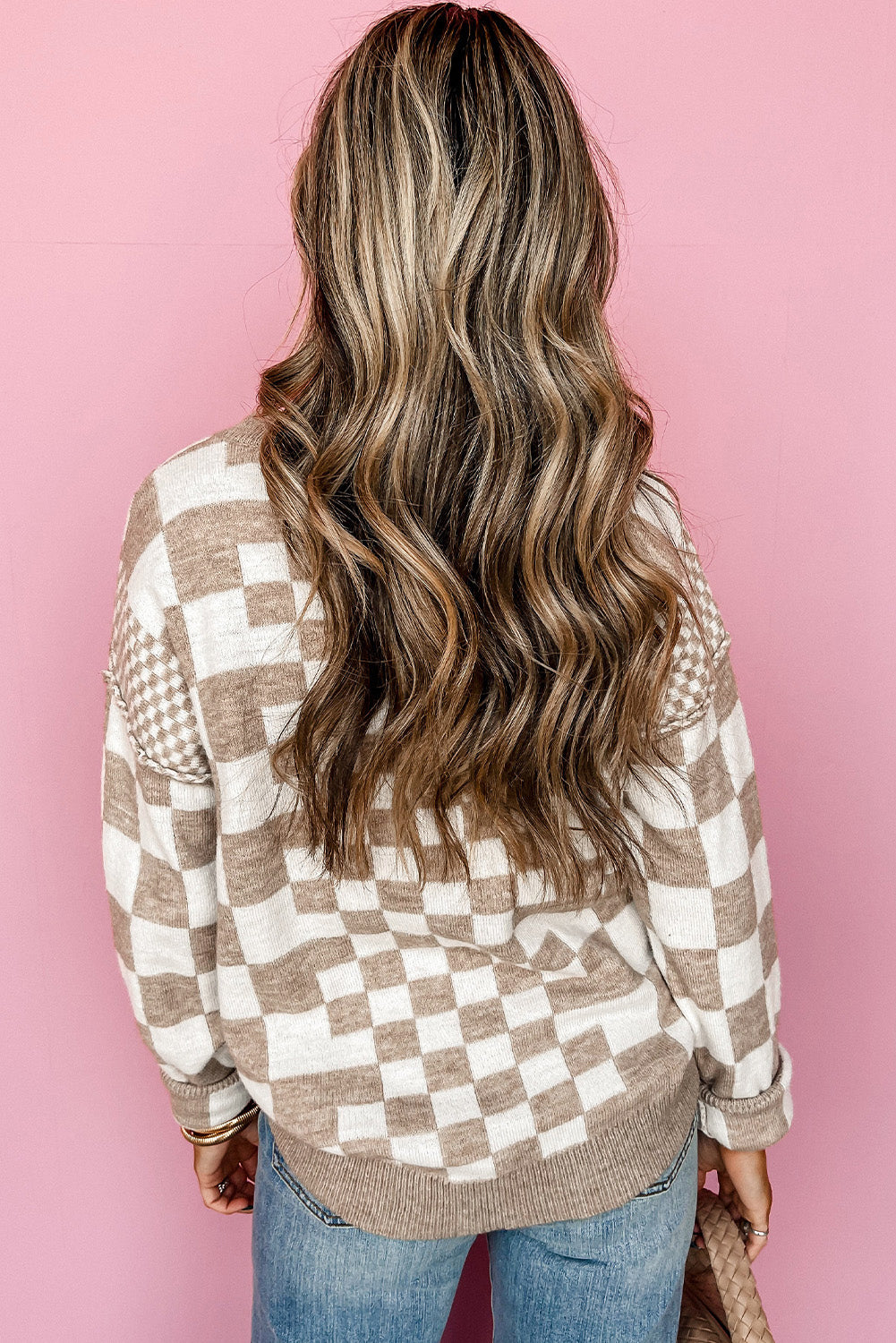 Gray Checkered Print Drop Shoulder Sweater