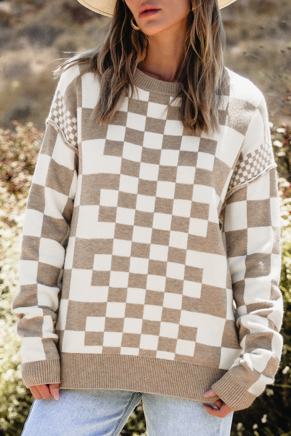 Gray Checkered Print Drop Shoulder Sweater