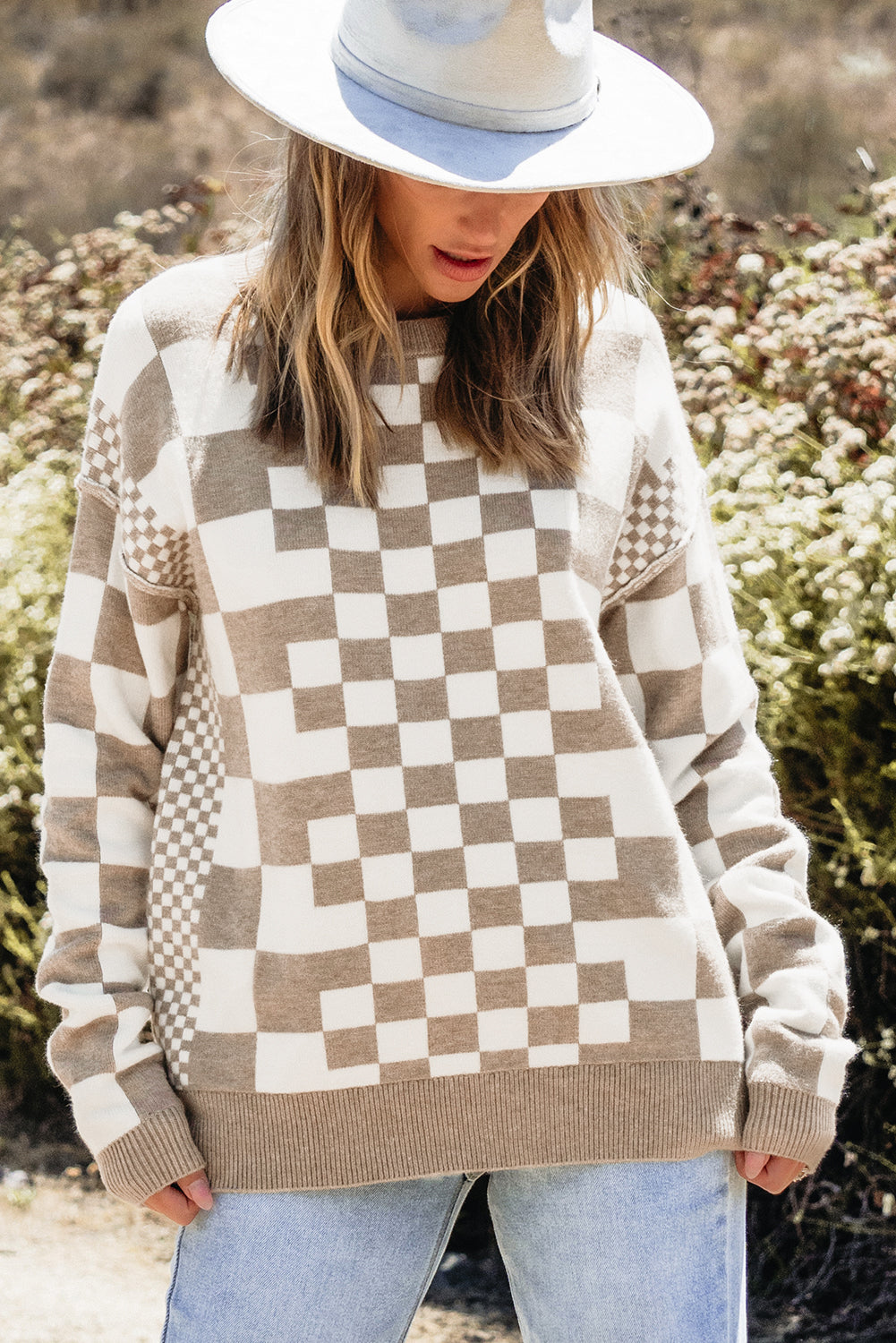 Gray Checkered Print Drop Shoulder Sweater