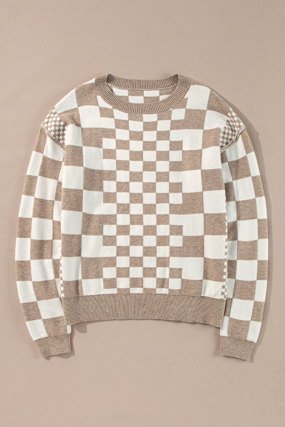 Gray Checkered Print Drop Shoulder Sweater