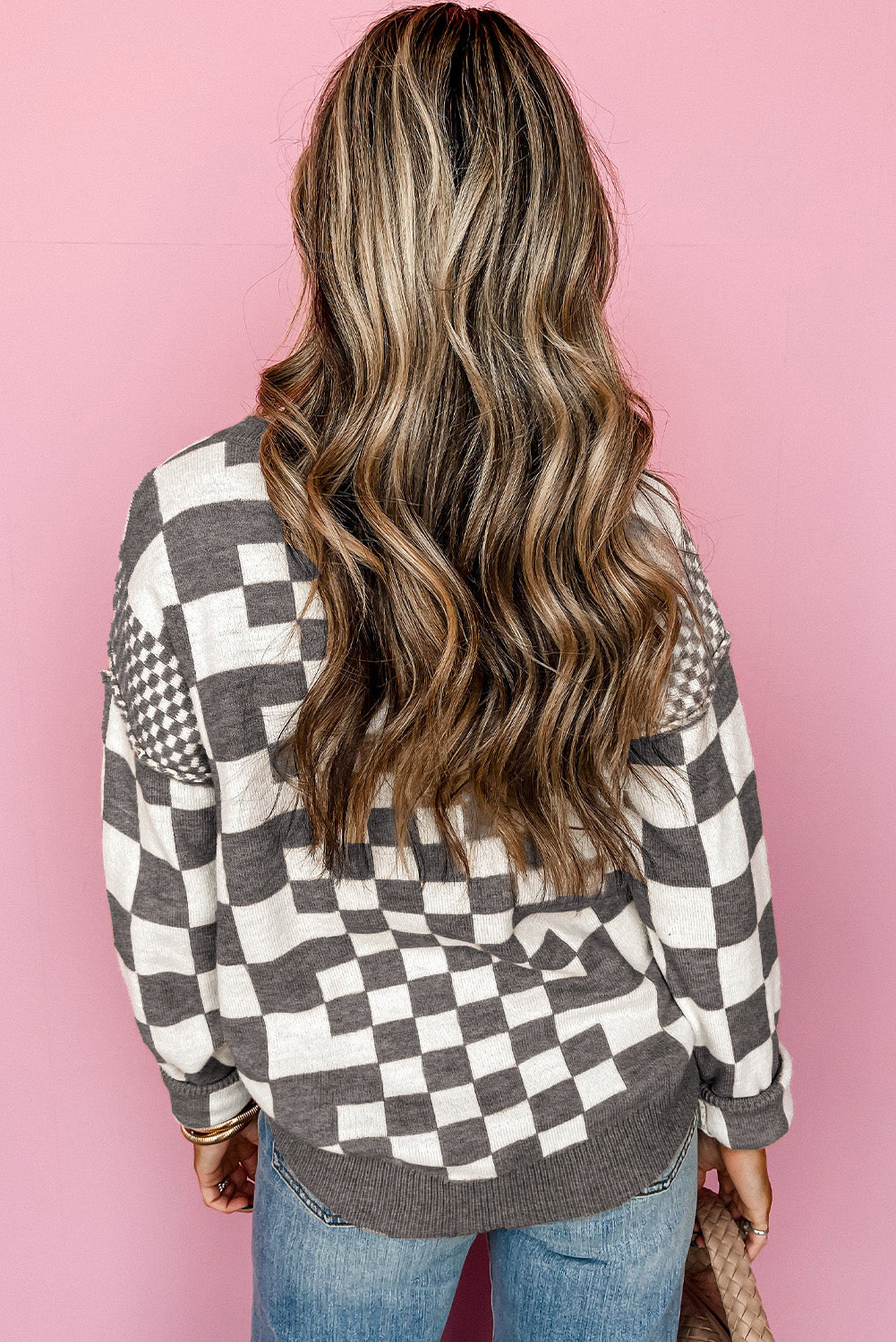 Gray Checkered Print Drop Shoulder Sweater