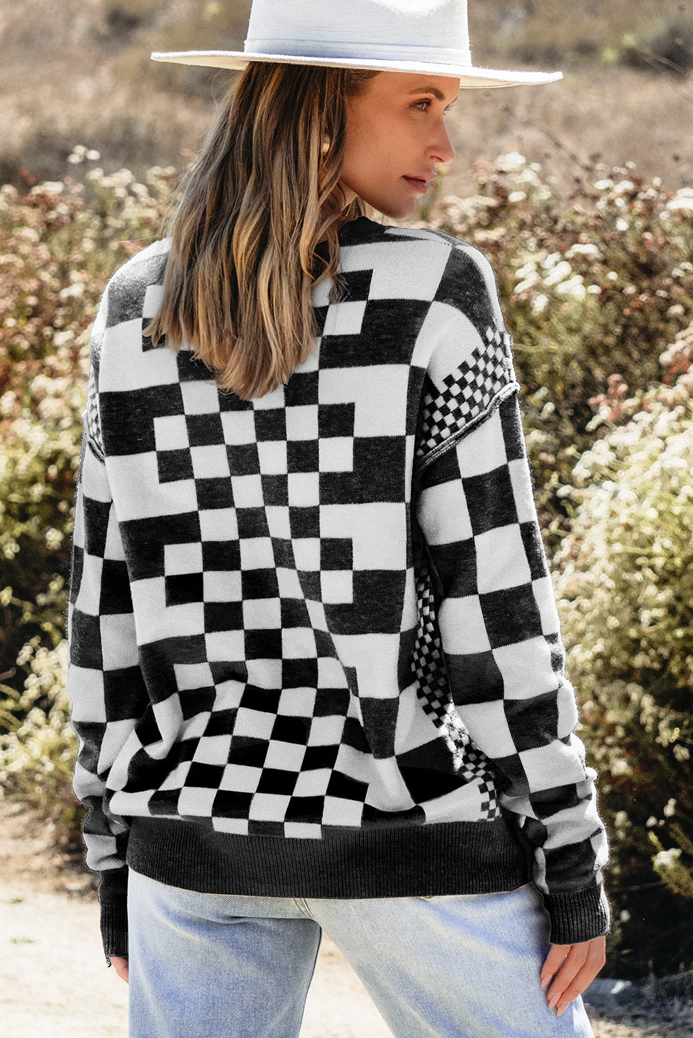 Gray Checkered Print Drop Shoulder Sweater