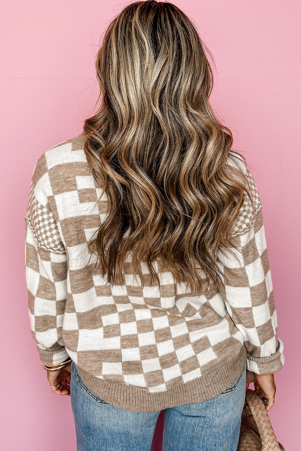 Gray Checkered Print Drop Shoulder Sweater