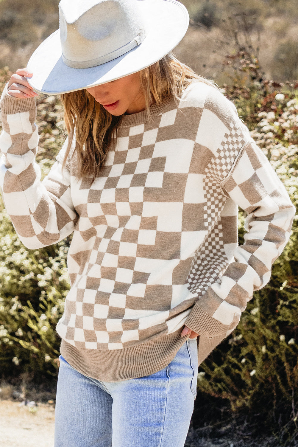 Gray Checkered Print Drop Shoulder Sweater