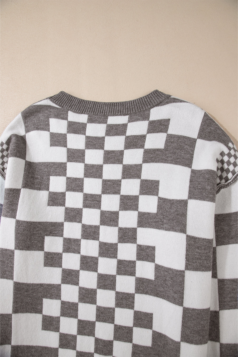 Gray Checkered Print Drop Shoulder Sweater