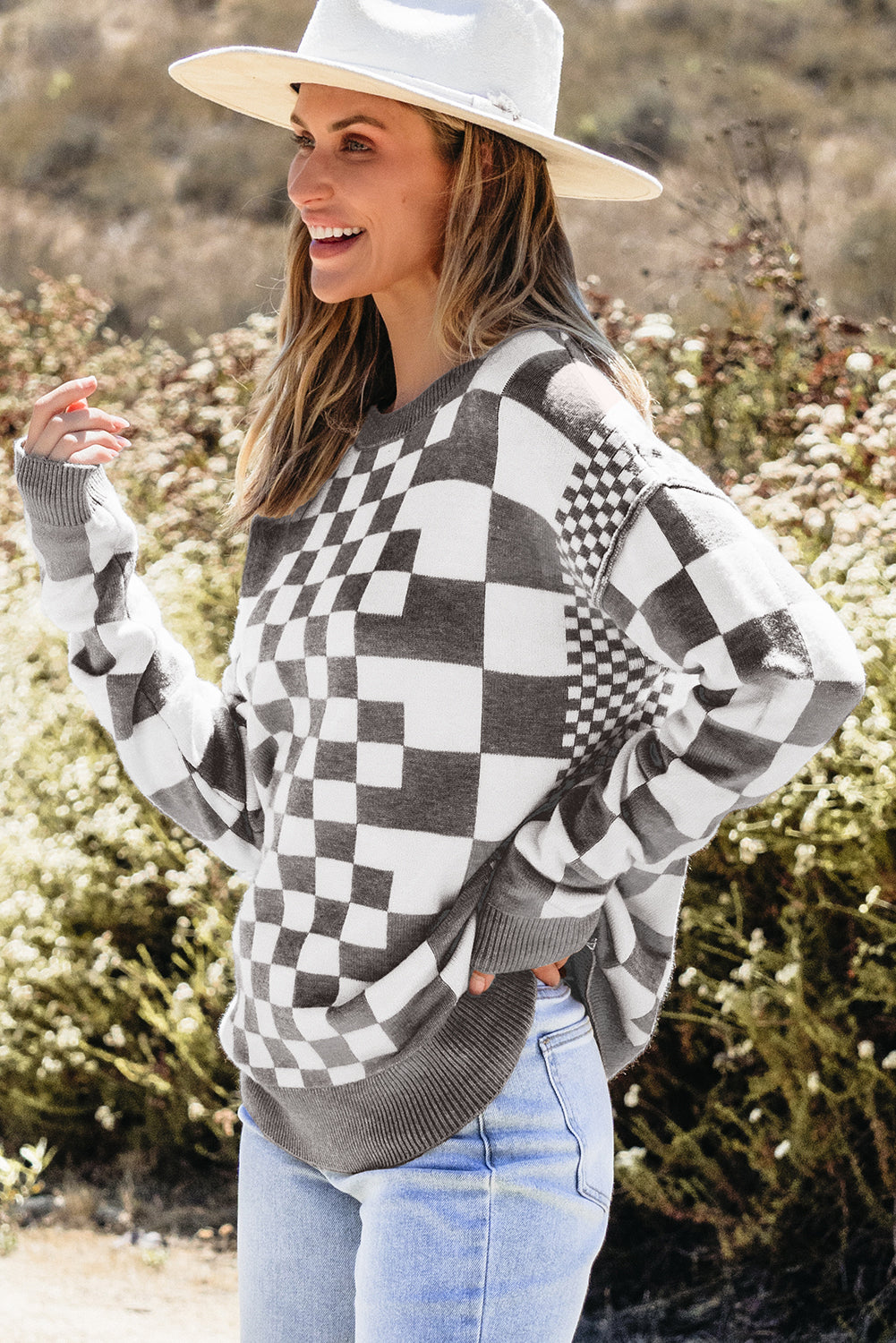 Gray Checkered Print Drop Shoulder Sweater