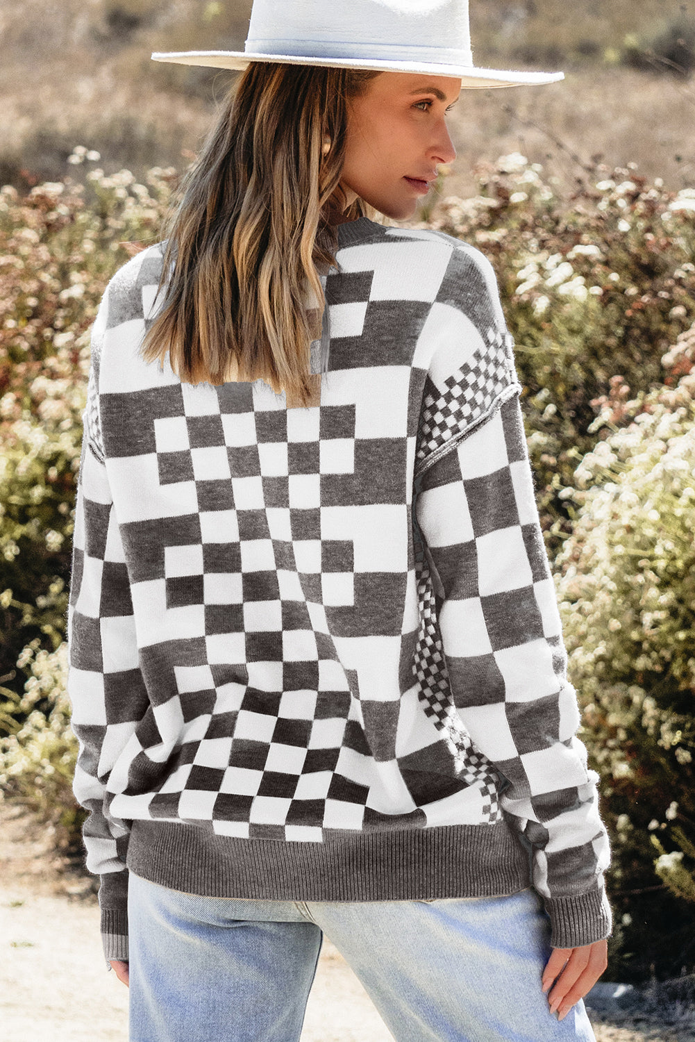 Gray Checkered Print Drop Shoulder Sweater