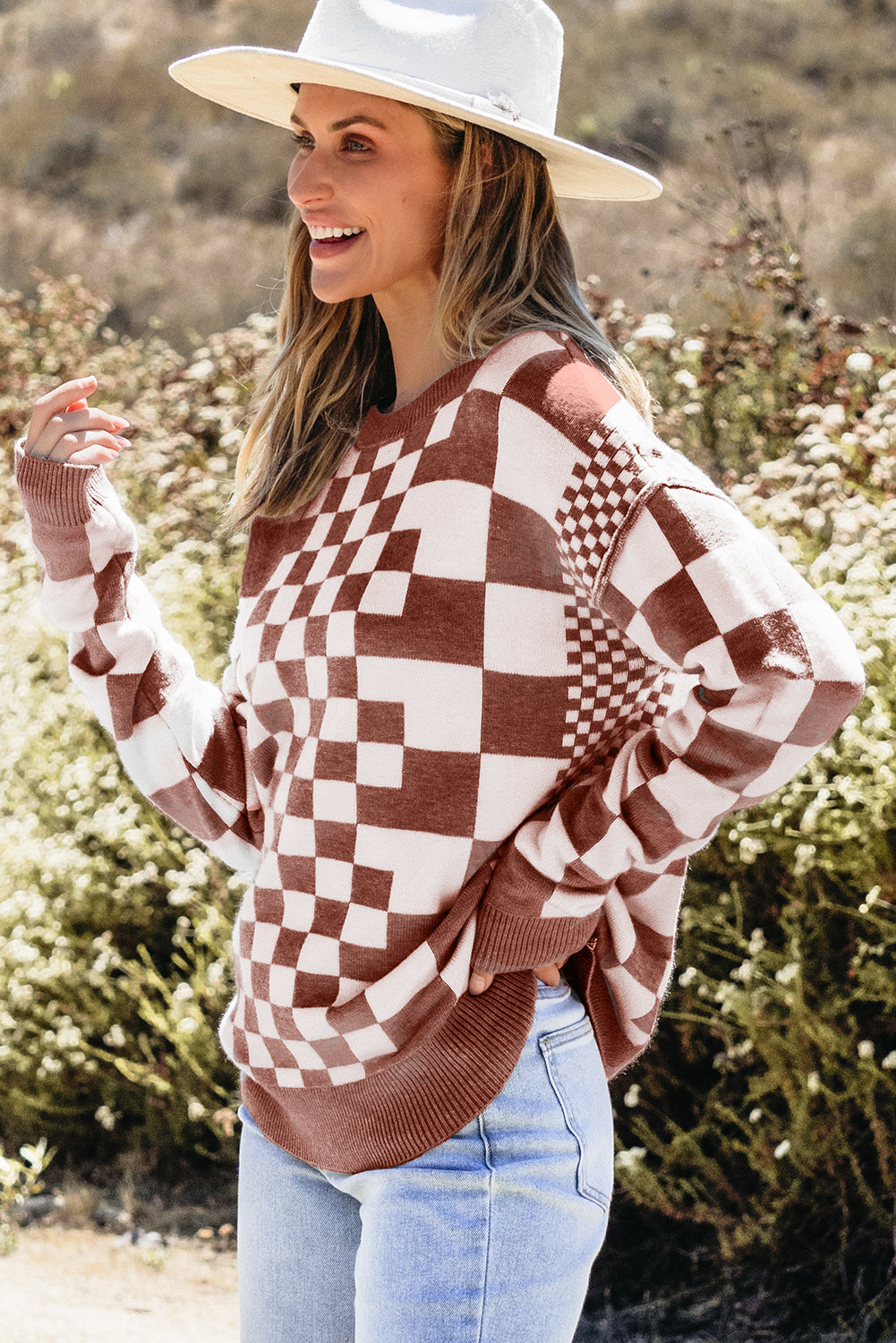 Gray Checkered Print Drop Shoulder Sweater