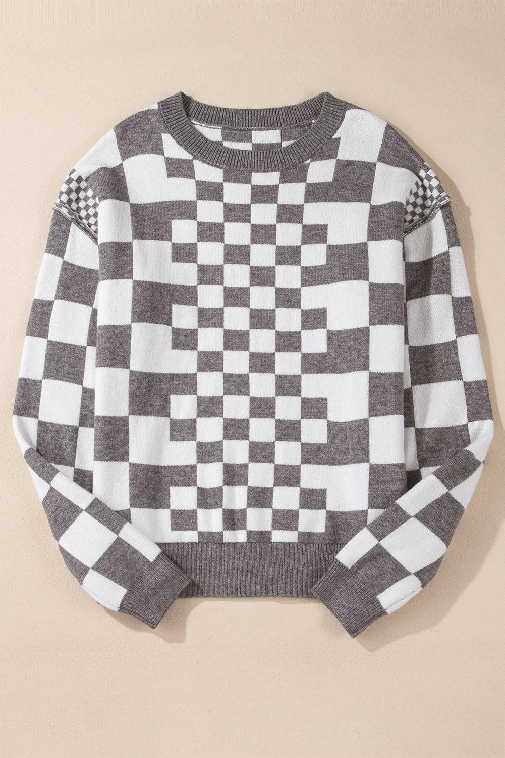 Gray Checkered Print Drop Shoulder Sweater