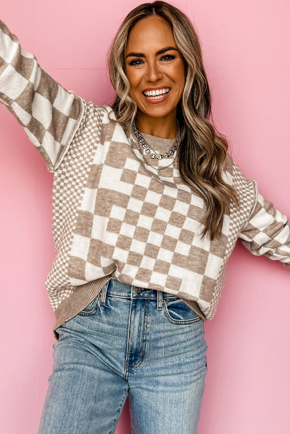 Gray Checkered Print Drop Shoulder Sweater