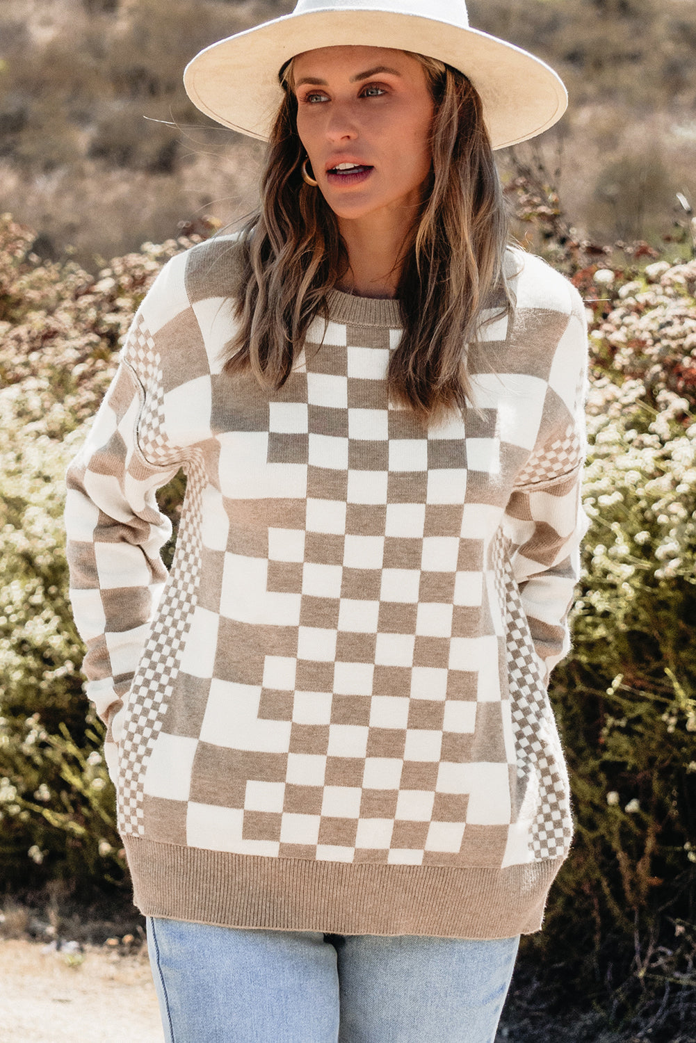 Gray Checkered Print Drop Shoulder Sweater