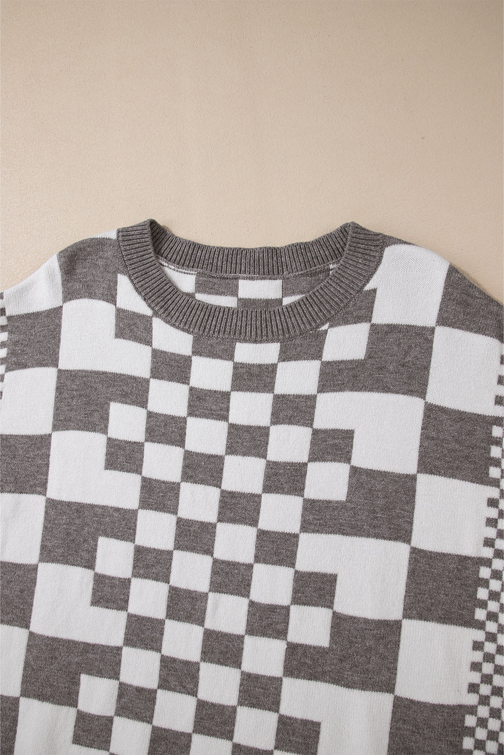 Gray Checkered Print Drop Shoulder Sweater