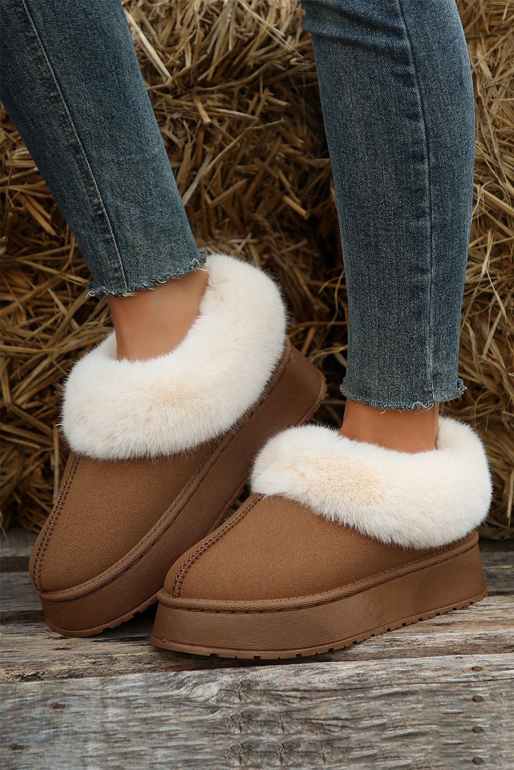 Chestnut Plush Suede Trim Thick Sole Flat Boots