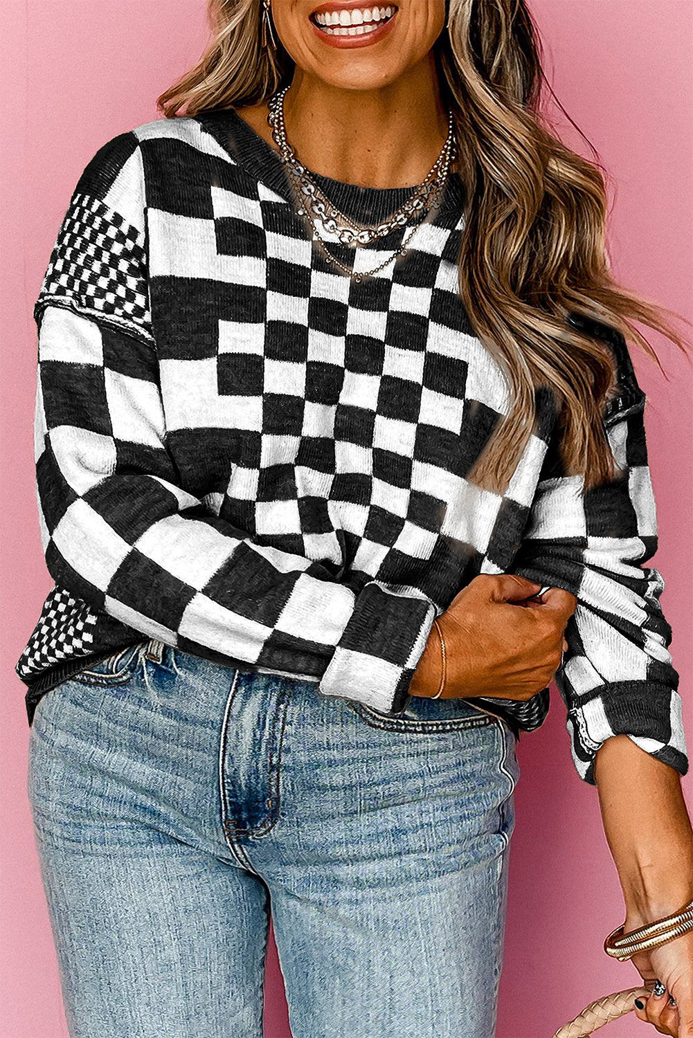 Gray Checkered Print Drop Shoulder Sweater