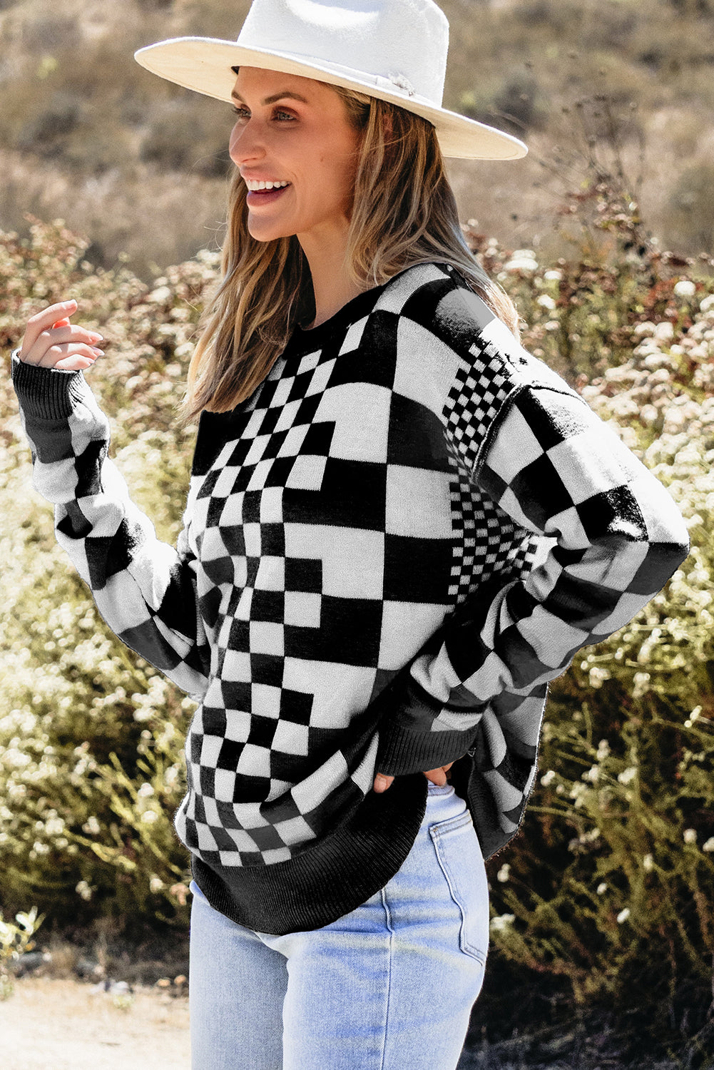 Gray Checkered Print Drop Shoulder Sweater