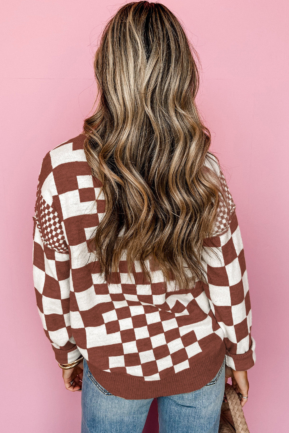 Gray Checkered Print Drop Shoulder Sweater