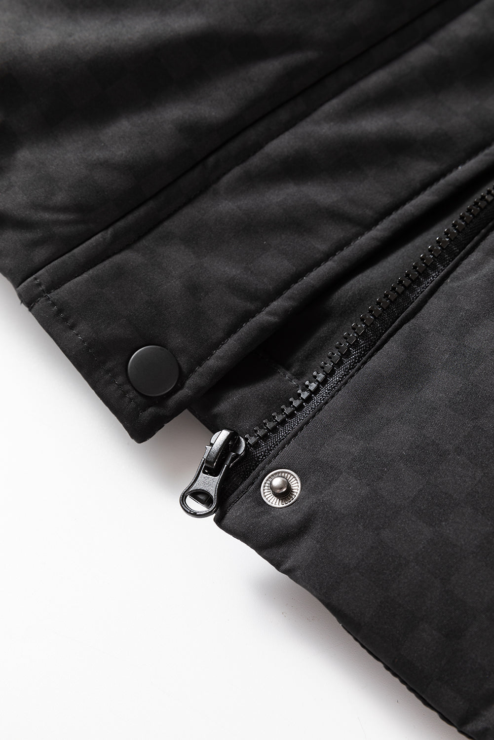 Black Checkerboard Full Zipper Puffer Jacket