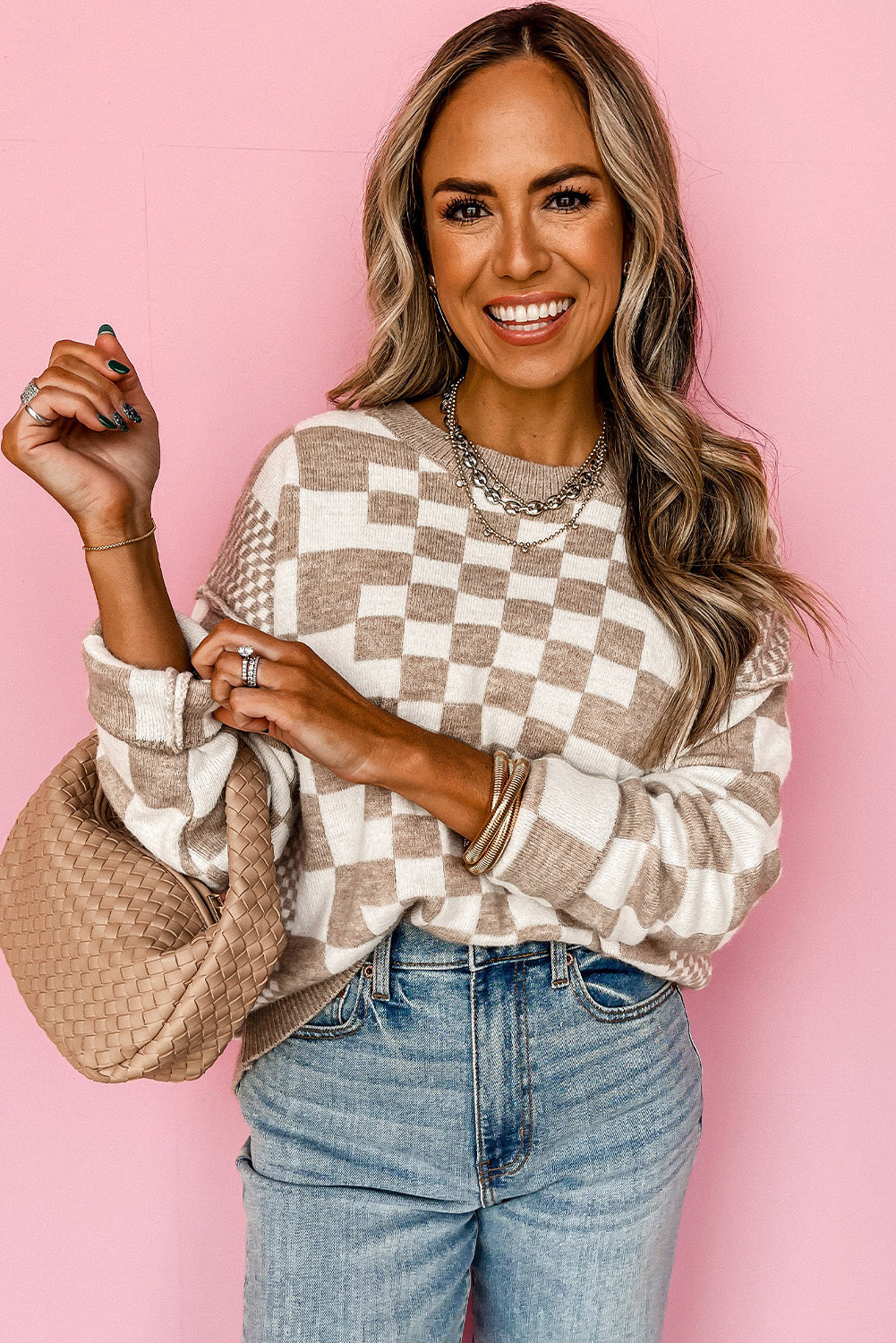 Gray Checkered Print Drop Shoulder Sweater