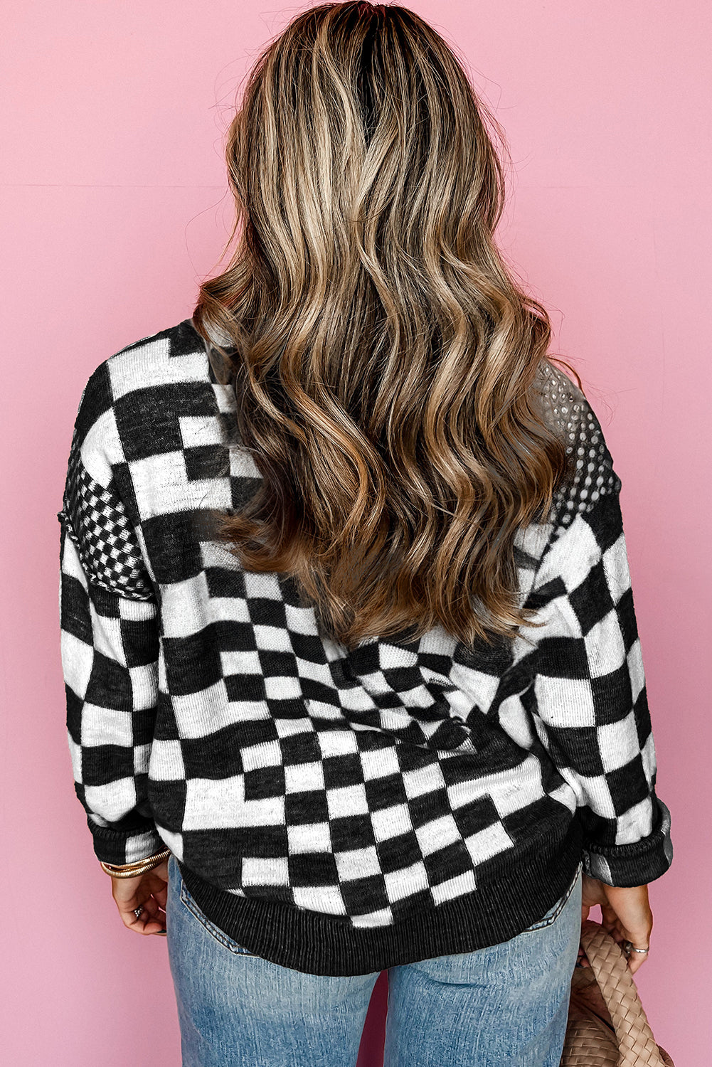 Gray Checkered Print Drop Shoulder Sweater