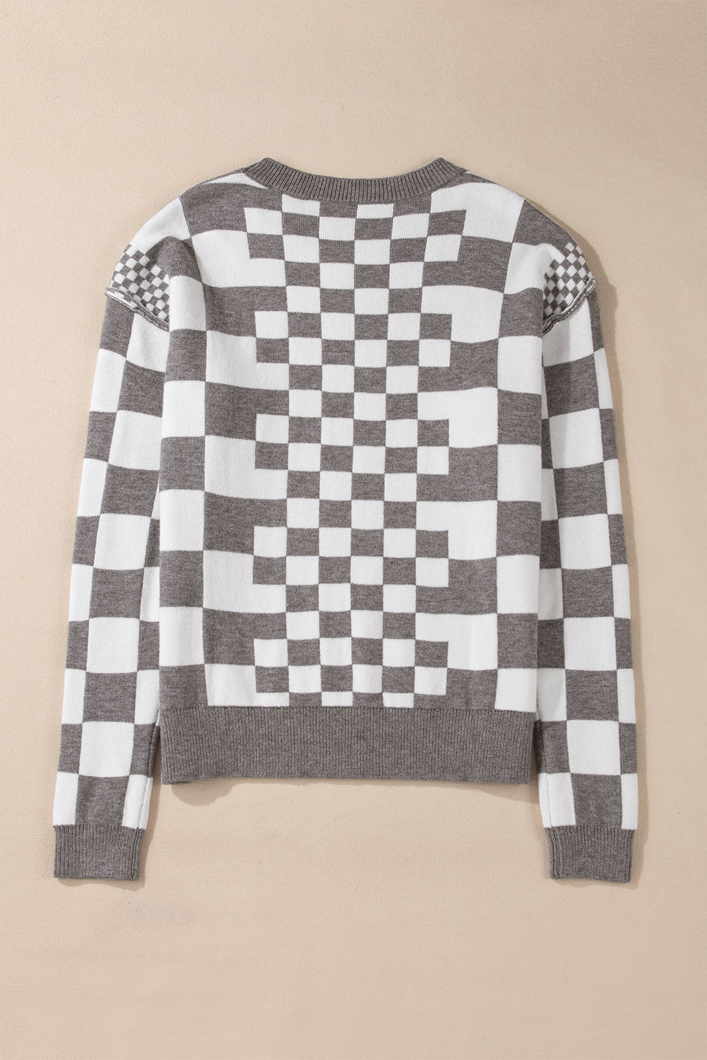 Gray Checkered Print Drop Shoulder Sweater