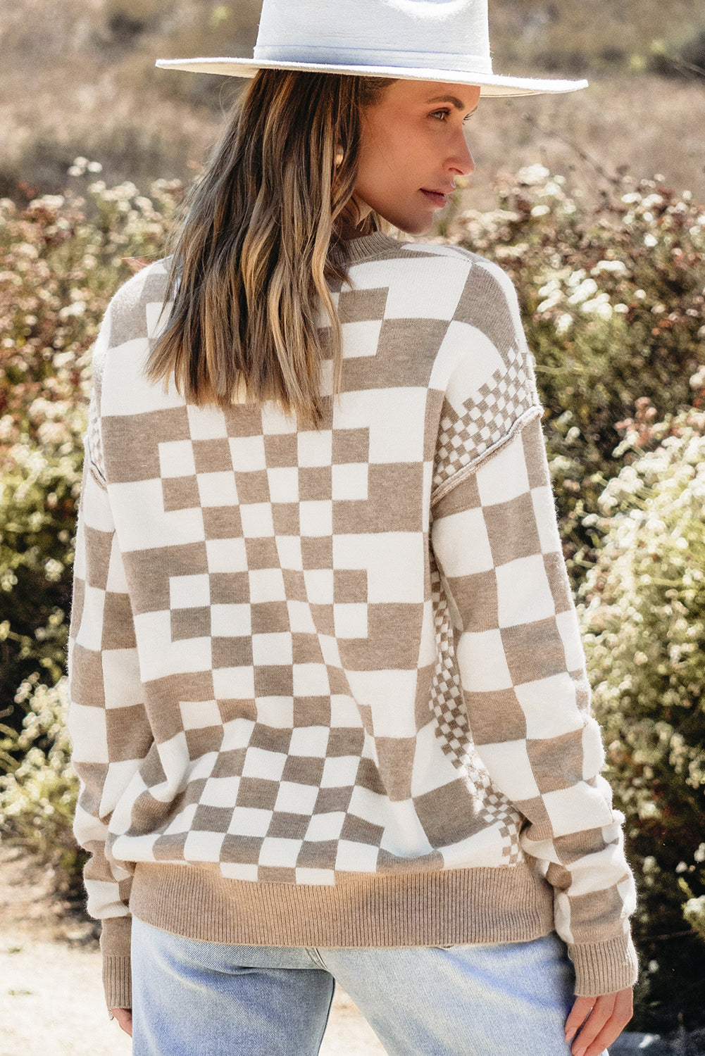 Gray Checkered Print Drop Shoulder Sweater